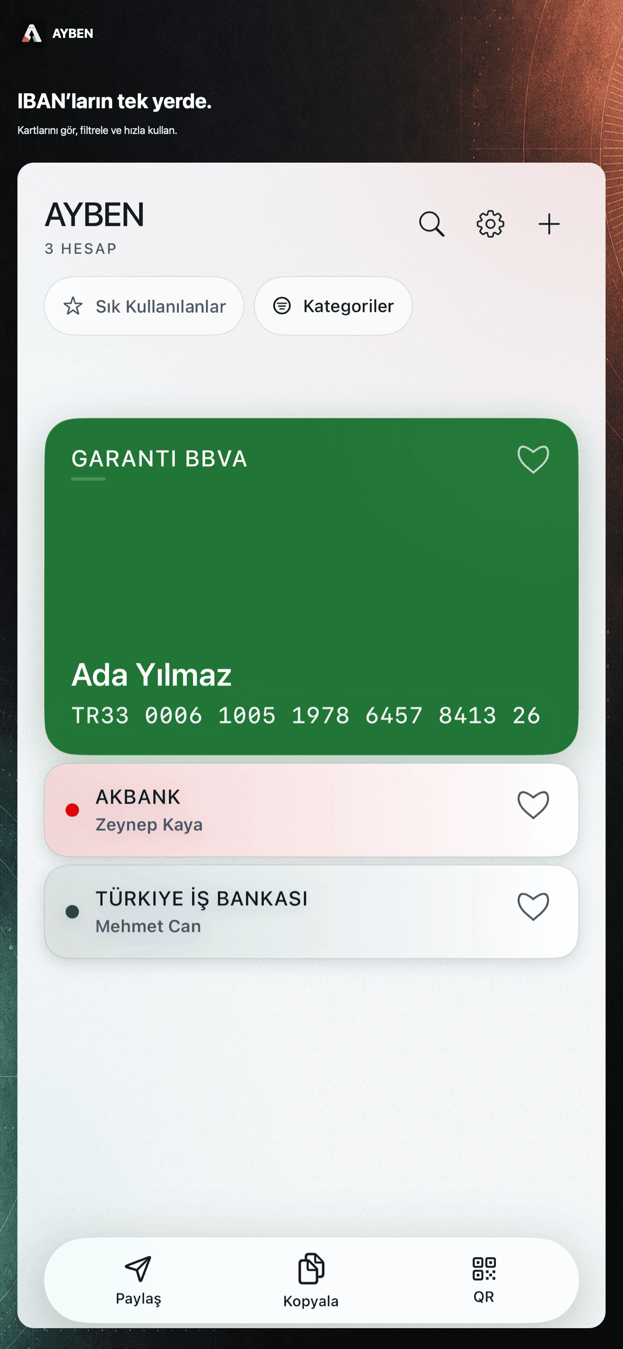 Ayben uygulamasında IBAN kayıtları