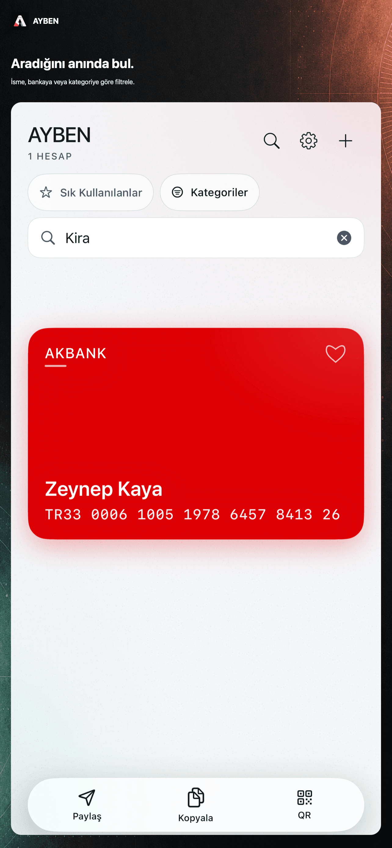 Ayben uygulamasında IBAN kayıtları